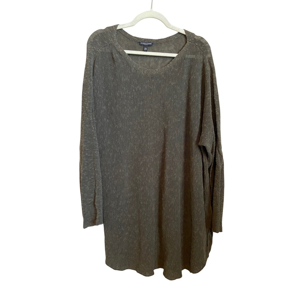 Eileen Fisher Woman 3X Olive Green Organic Linen Cotton Tunic Sweater Knit Top